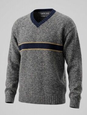 Campus Crew 100% Shetland Wool Grey V-neck Striped Men's Sweater Size XL